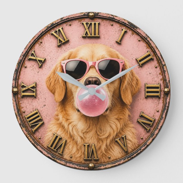 Golden Retriever Blowing Pink Bubble Gum Stor Klocka (Framsida)