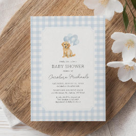 Golden Retriever Blue Gingham Baby Shower Inbjudningar