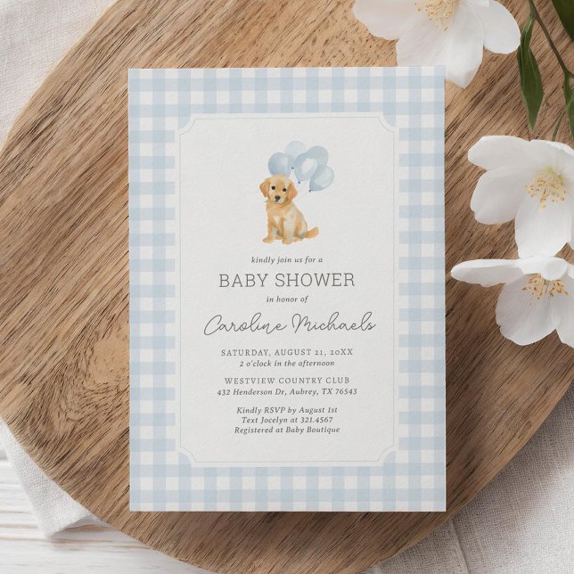 Golden Retriever Blue Gingham Baby Shower Inbjudningar (Skapare uppladdad)