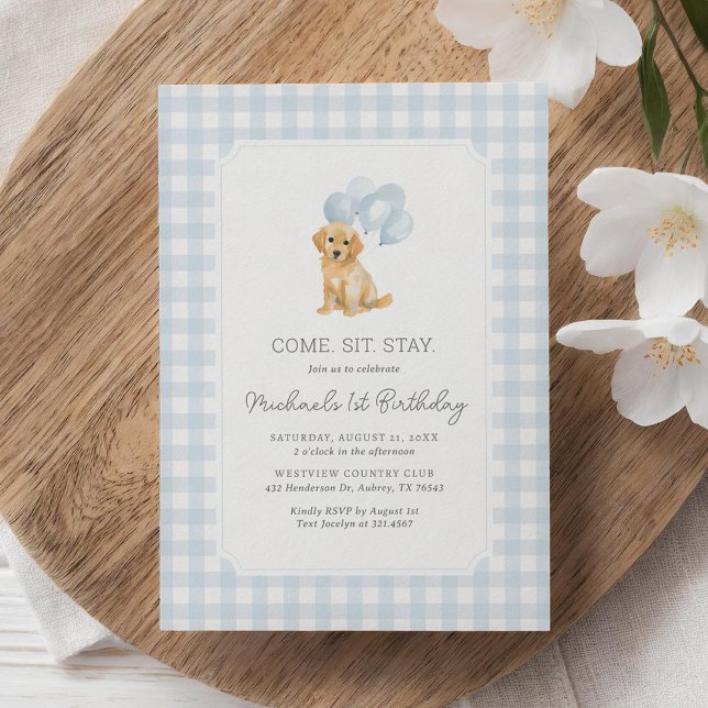Golden Retriever Blue Gingham Birthday Inbjudningar (Skapare uppladdad)