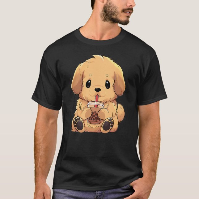 Golden Retriever Boba Tea Bubble Tea Anime Kawaii  T Shirt (Framsida)