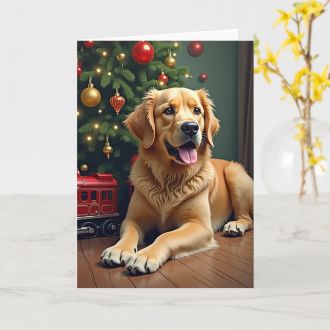 Golden Retriever by the Toy Train Christmas Kort (Gul blomma)