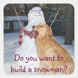 Golden Retriever Bygger A Snögubbe Fyrkantigt Klistermärke