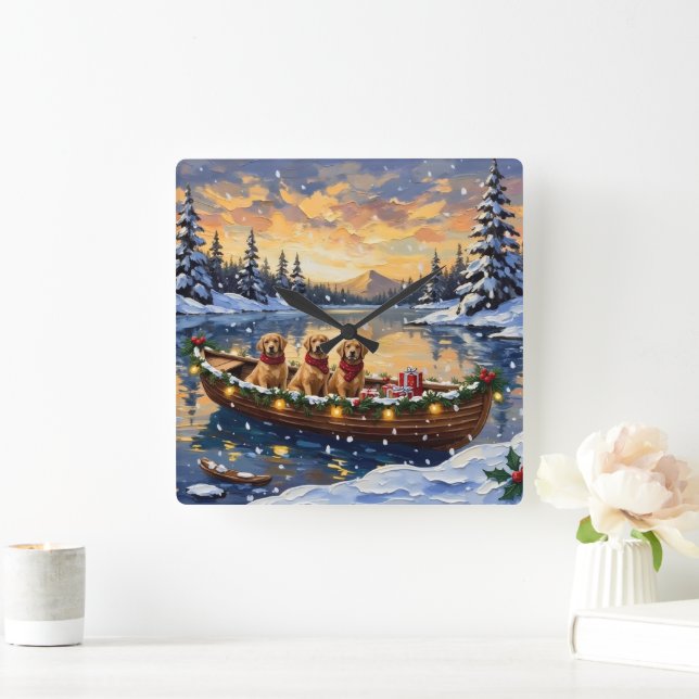 Golden Retriever Christmas Boat Holiday Fyrkantig Klocka (Hem)