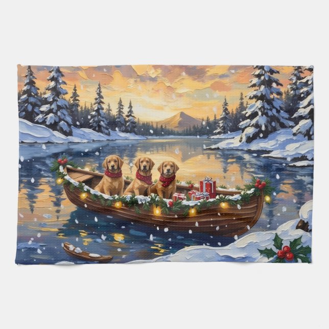 Golden Retriever Christmas Boat Holiday Kökshandduk (Horisontell)
