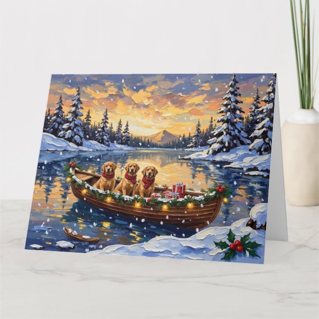 Golden Retriever Christmas Boat Holiday Kort (Framsida)