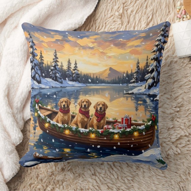 Golden Retriever Christmas Boat Holiday Kudde (Filt)