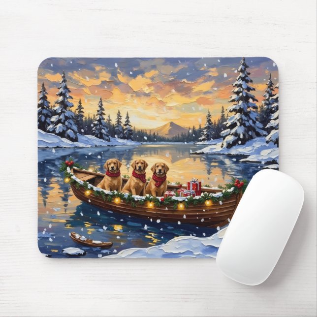 Golden Retriever Christmas Boat Holiday Musmatta (Med mus)