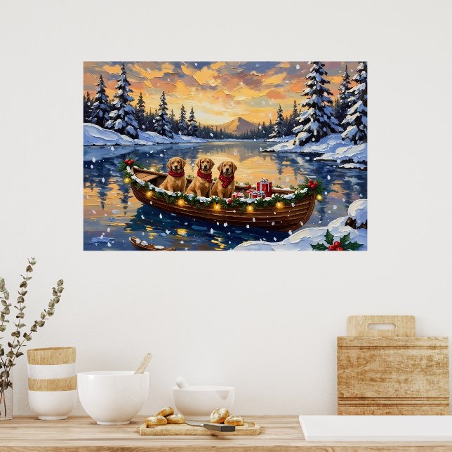 Golden Retriever Christmas Boat Holiday Poster (Kök)