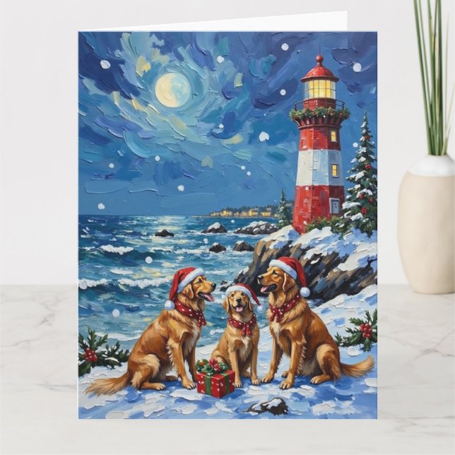 Golden Retriever Christmas Lighthouse Holiday Kort (Framsida)