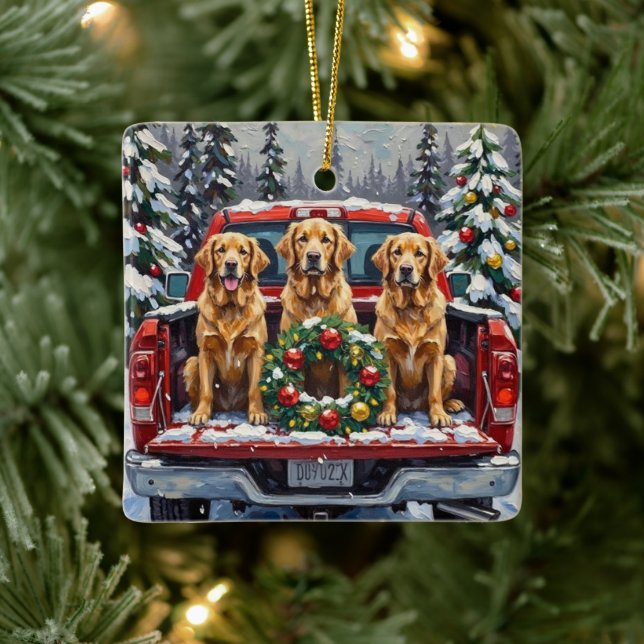 Golden Retriever Christmas Red Truck Holiday Julgransprydnad Keramik (Träd)