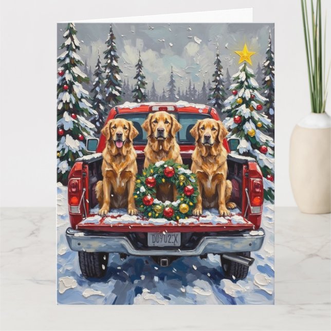 Golden Retriever Christmas Red Truck Holiday Kort (Framsida)