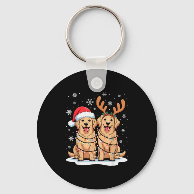 Golden Retriever Christmas Santa Hat Reindeer Ligh Nyckelring (Framsida)