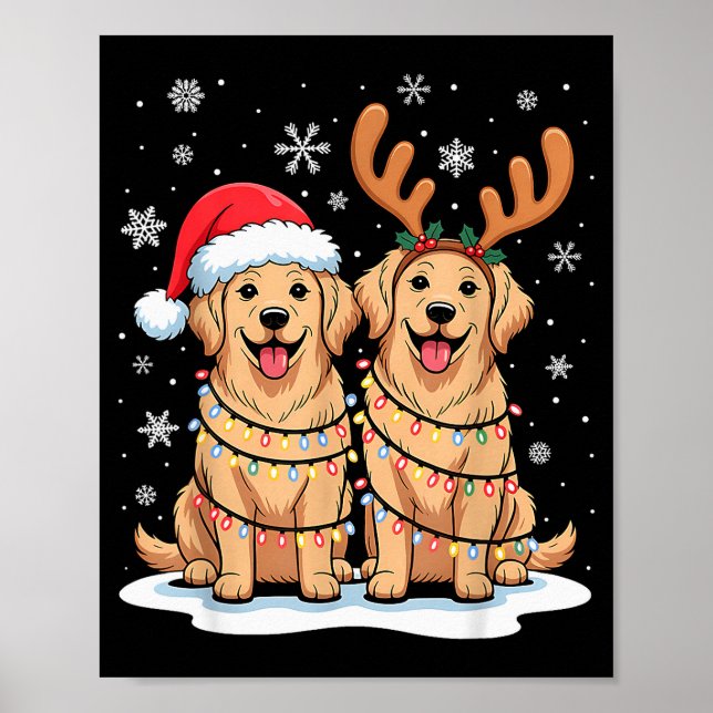 Golden Retriever Christmas Santa Hat Reindeer Ligh Poster (Framsidan)