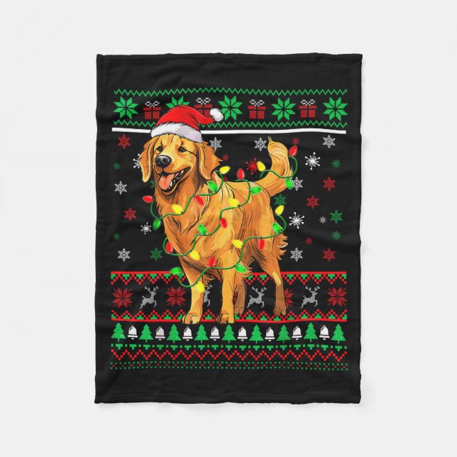 Golden Retriever Christmas Santa Hat Tree Lights P Fleecefilt (Framsidan)