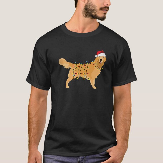 Golden Retriever Christmas Santa Hat Tree Lights P T Shirt (Framsida)