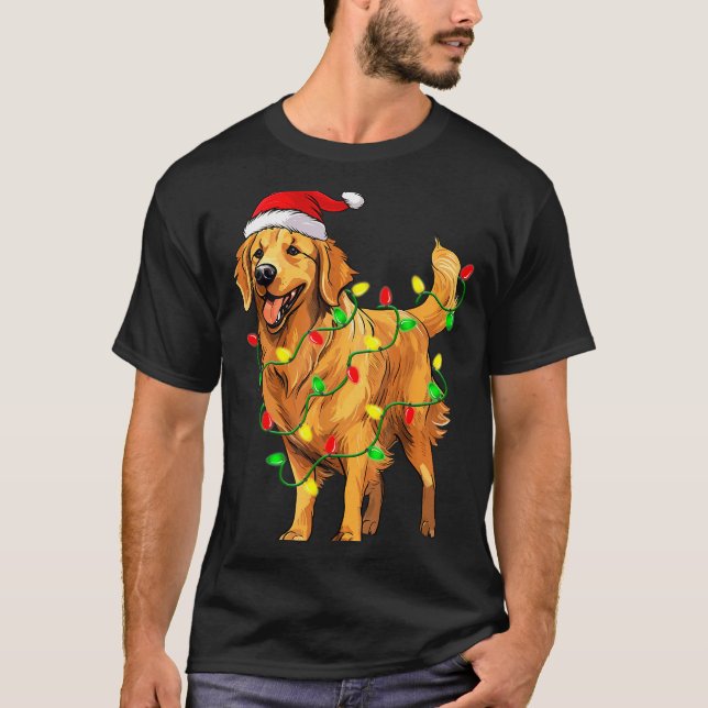 Golden Retriever Christmas Santa Hat Tree Lights P T Shirt (Framsida)