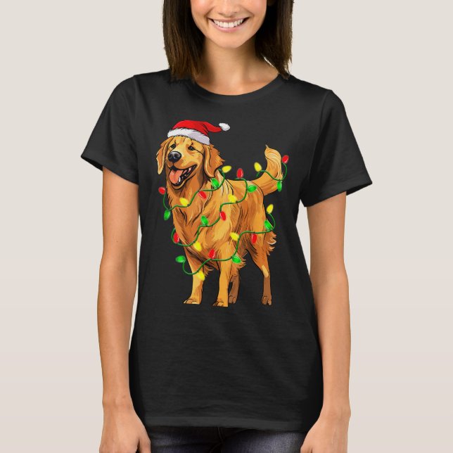 Golden Retriever Christmas Santa Hat Tree Lights P T Shirt (Framsida)
