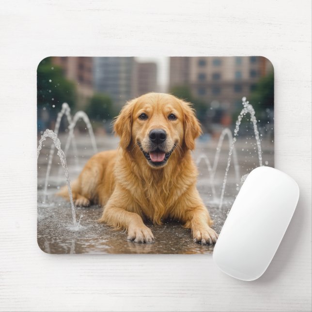 Golden Retriever Cooling Off in a Stänk Pad Musmatta (Med mus)