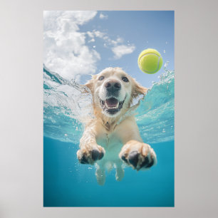 Golden Retriever Diving Tennis Boll Underwater Poster