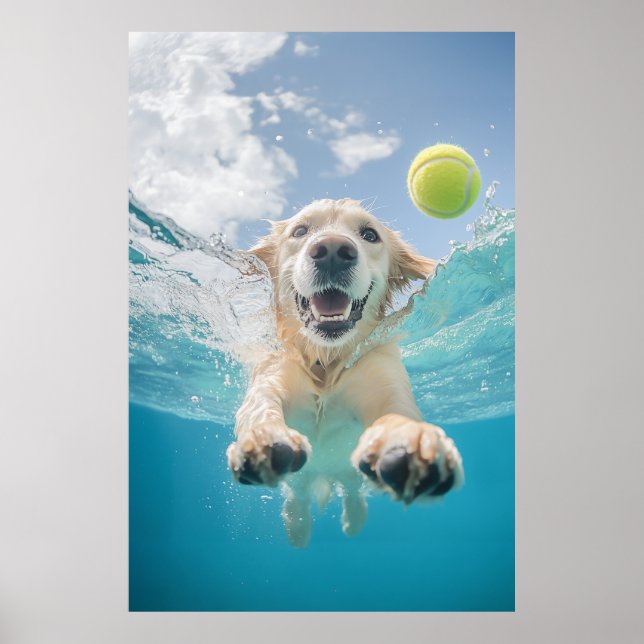 Golden Retriever Diving Tennis Boll Underwater Poster (Framsidan)