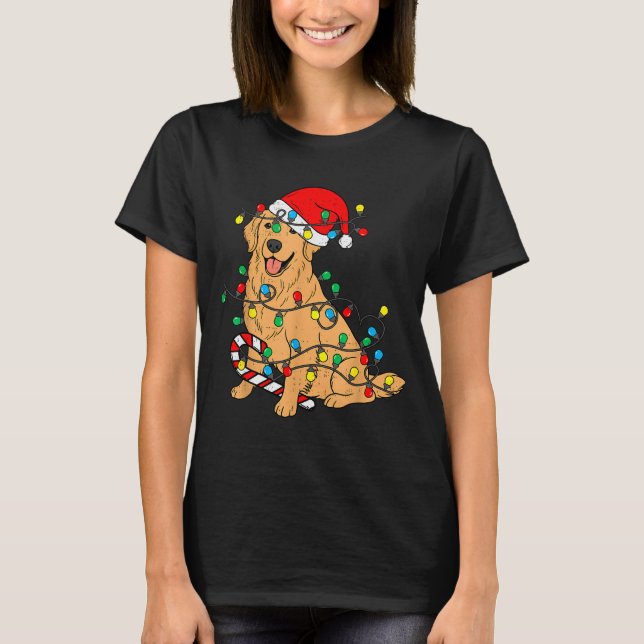 Golden Retriever Dog Christmas Lights Xmas Pet Dog T Shirt (Framsida)