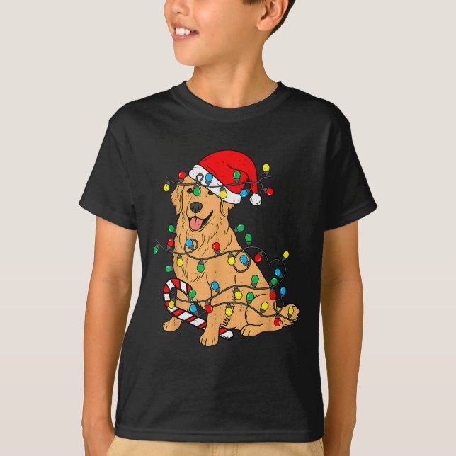 Golden Retriever Dog Christmas Lights Xmas Pet Dog T Shirt (Framsida)