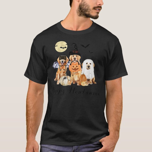 Golden Retriever Dog Ghost Halloween Witch And Bat T Shirt (Framsida)