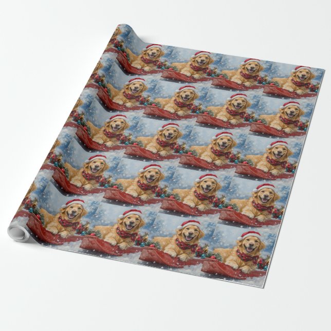 Golden Retriever Dog in Sledge Snow Christmas Presentpapper (Utrullad)