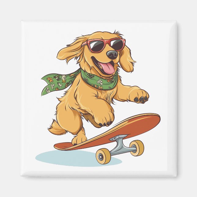 Golden Retriever Dog Skateboarding Magnet (Framsidan)