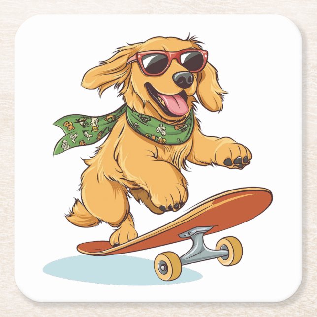 Golden Retriever Dog Skateboarding Underlägg Papper Kvadrat (Framsidan)