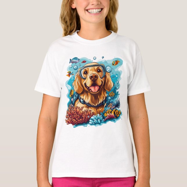 Golden Retriever Dog Snorkeling Coral Reef T Shirt (Framsida)