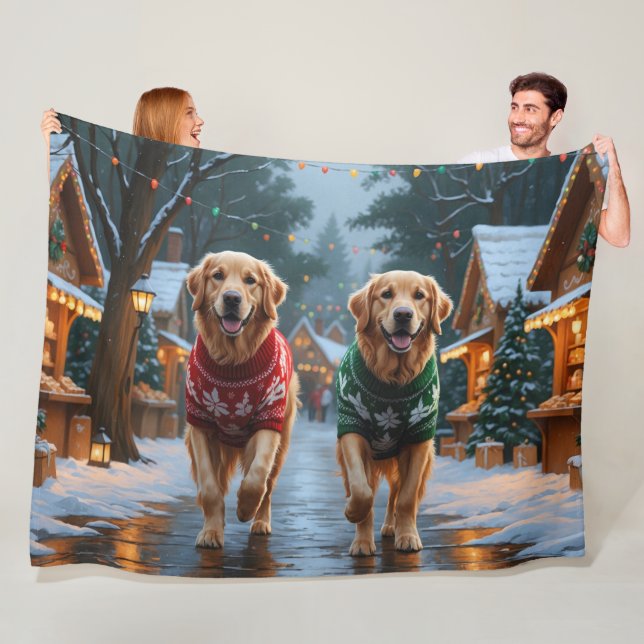 Golden Retriever Dogs Christmas Snow Holiday Fleecefilt (På plats)