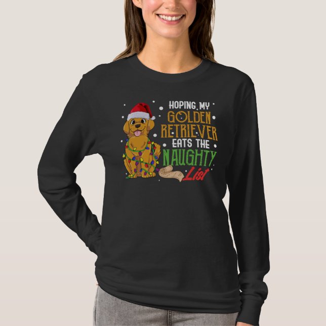 Golden Retriever Eats Naughty List Hund T Shirt (Framsida)