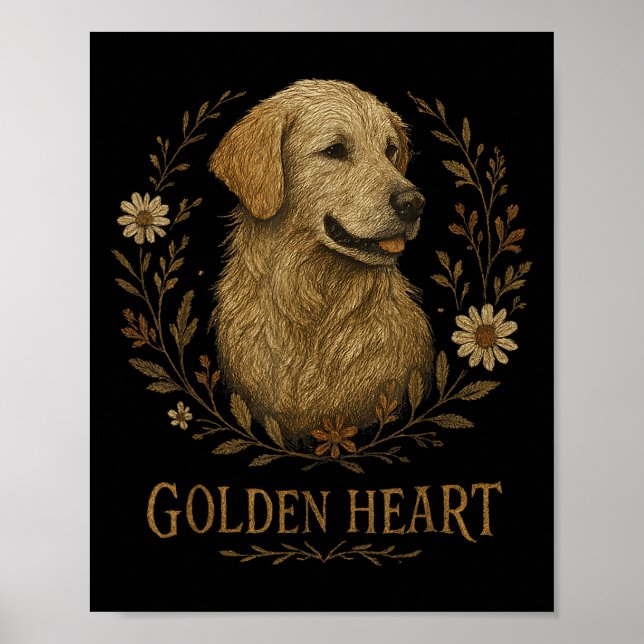 Golden Retriever Embroized Coola Blommigt Boho Hun Poster (Framsidan)