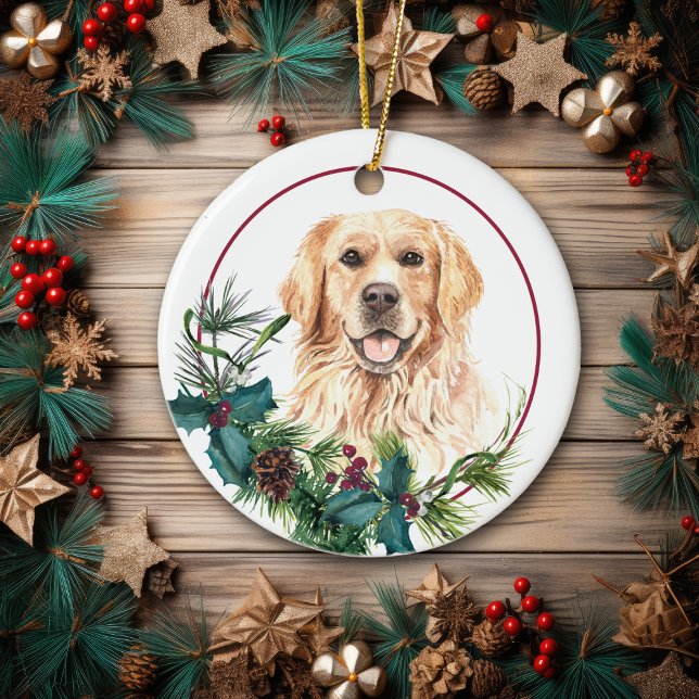 Golden Retriever Evergreen Berry Wandan Julgransprydnad Keramik (Skapare uppladdad)