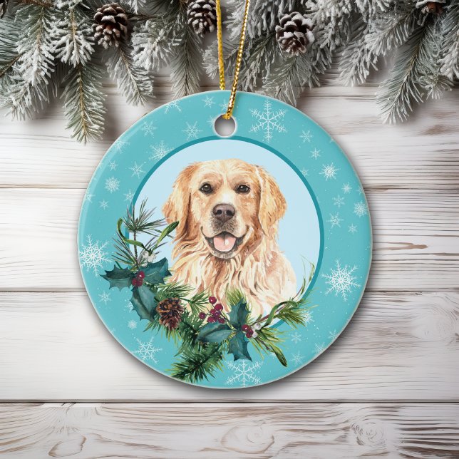 Golden Retriever Evergreen Blue Snowflake Julgransprydnad Keramik (Skapare uppladdad)