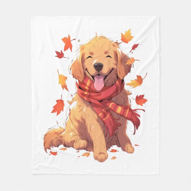Golden Retriever Fall Hund Höst löv Fleecefilt (Framsidan)