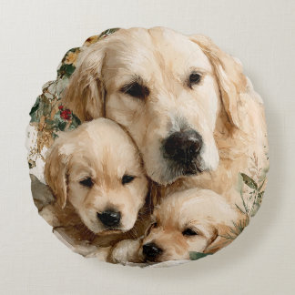 Golden Retriever Family Puppies Vintage Christmas Rund Kudde