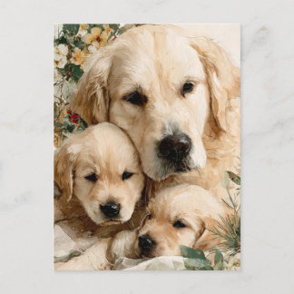 Golden Retriever Family Puppies Vintage Christmas Vykort