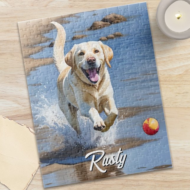 Golden Retriever Fetch Watercolor Beach Dog Pussel (Golden Retriever Fetch Watercolor Beach Dog Jigsaw Puzzle)
