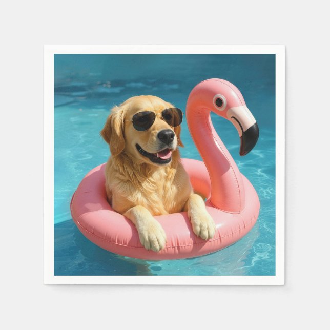 Golden Retriever Floating On a Flamingo Pool Toy Pappersservett (Framsidan)