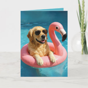 Golden Retriever Flytande med en flamingo-födelsed Kort