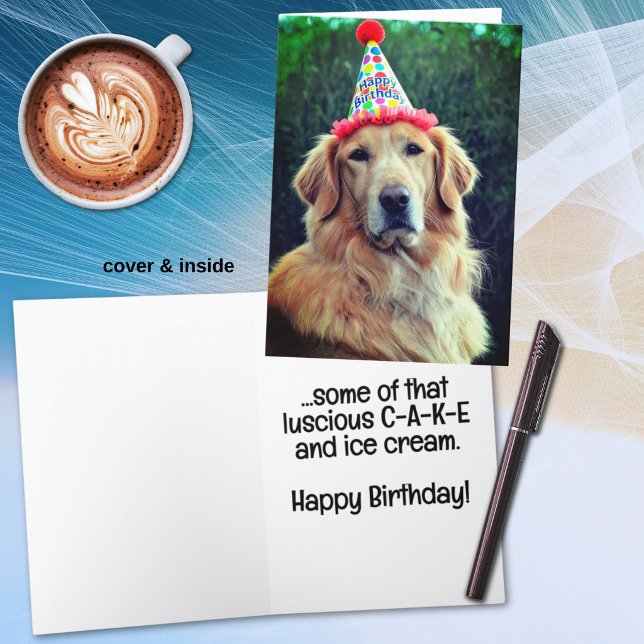 Golden Retriever & Födelsedagsfesthatt  Kort (Elder Golden Retriever with birthday party hat cover and template text for inside greeting.)