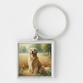 Golden Retriever Fyrkantig Silverfärgad Nyckelring