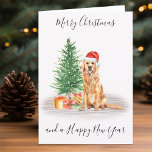 Golden Retriever God jul Santa Hund Helgkort<br><div class="desc">Skicka julhälsningar den här julhelgen med det här God jul golden hämmande hund helgdag-kortet och matchande dekoder. Det här guldfärgade hämtningskortet har en hund med vattenfärg i en tomhatt och träd. Anpassa med namn och med budskapet. Det här gyllene hämtningskortet kommer att vara en favorit bland älskare, hundälskare och djur...</div>