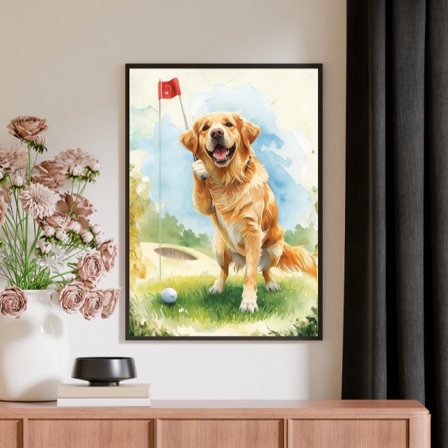 Golden Retriever Golf Vattenfärg Poster  Canvastryck (Skapare uppladdad)