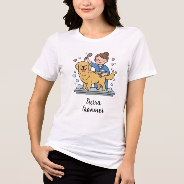 Golden Retriever Groomer Blue Uniform Cartoon Art T Shirt (Framsida)