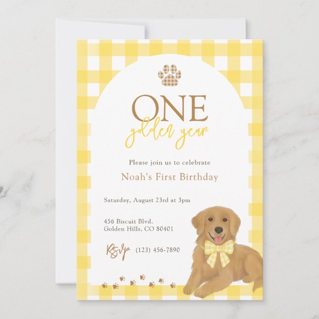 Golden Retriever Gult Gingham First Birthday Inbjudningar (Framsida)