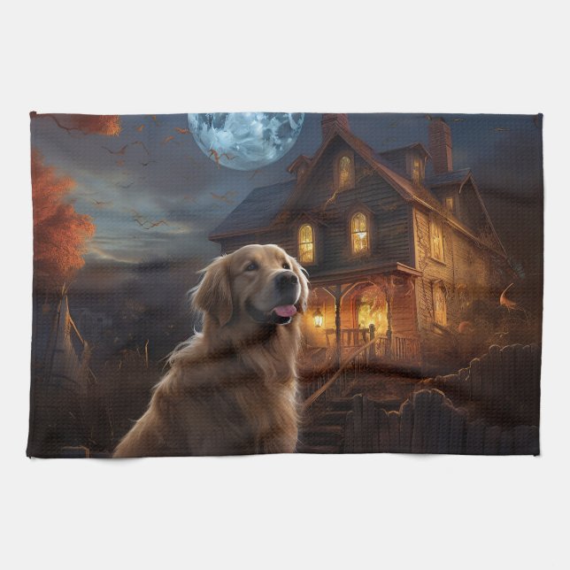 Golden Retriever Halloween Scary Kökshandduk (Horisontell)